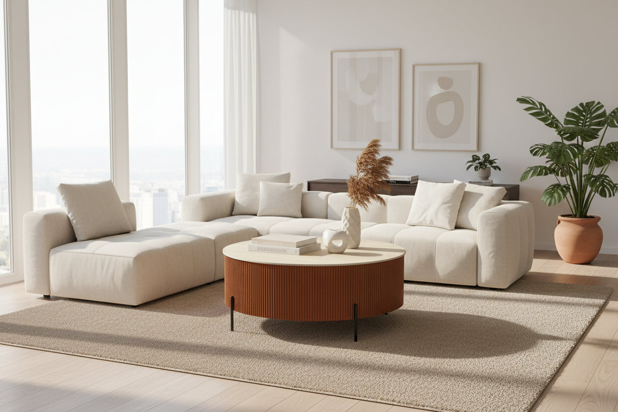 Table Basse Ronde Céramique Effet Travertin Noisette D100xH45 cm RUBY