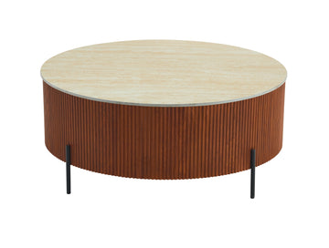 Table basse ronde céramique effet travertin noisette 90cm métal noir RUBY
