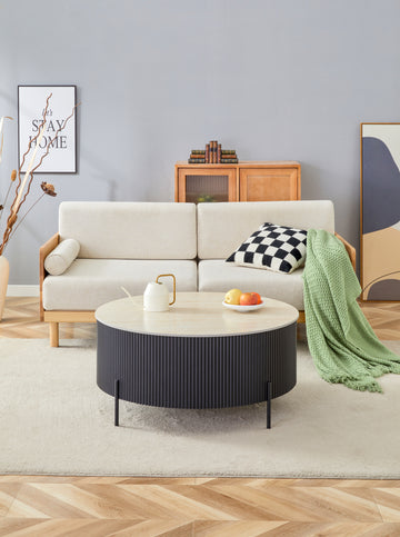 Table Basse RUBY Ronde Plateau Céramique Effet Travertin Noir Pied Métal Noir D90xH45 cm