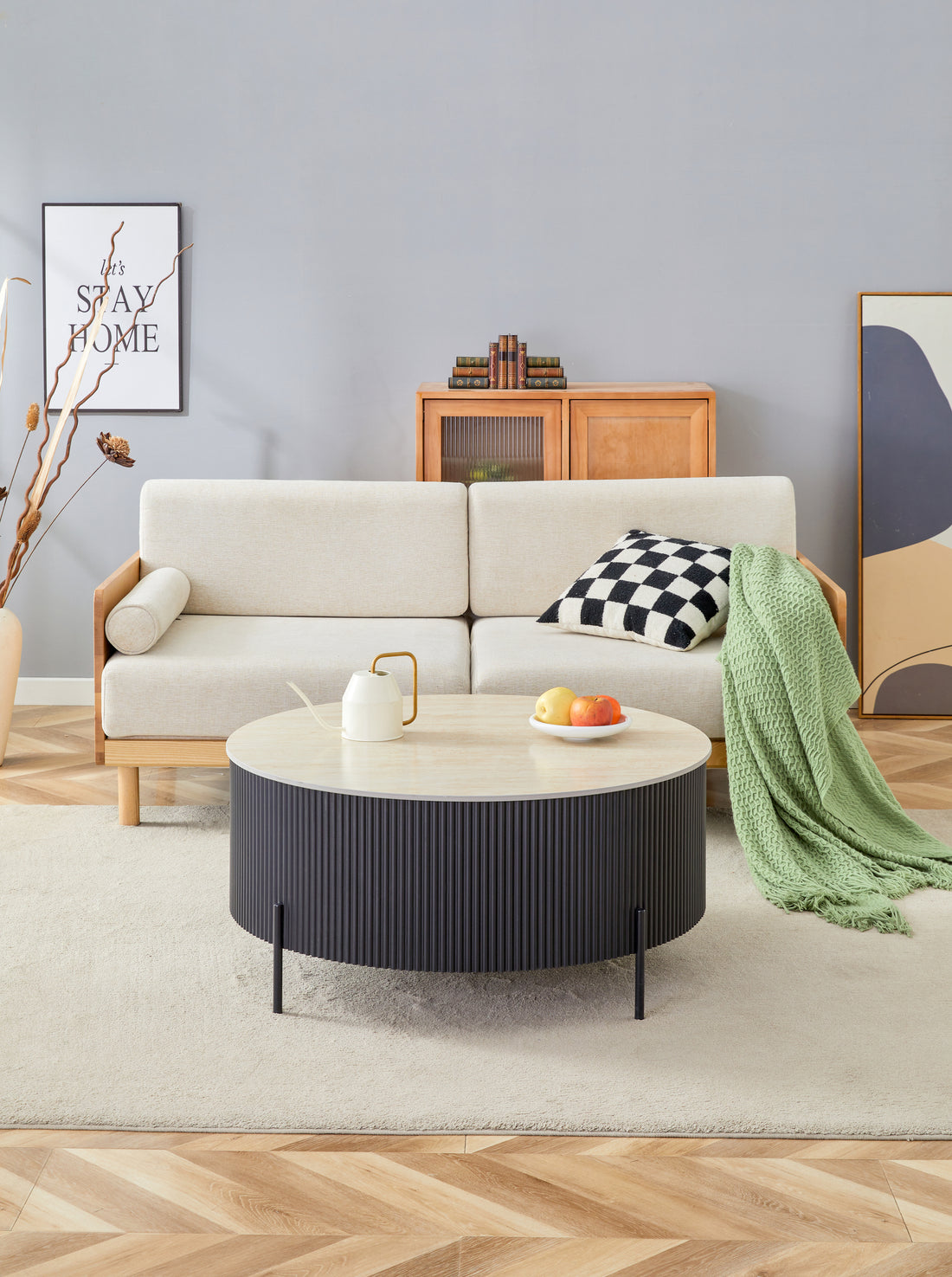 Table Basse RUBY Ronde Plateau Céramique Effet Travertin Noir Pied Métal Noir D80xH45 cm