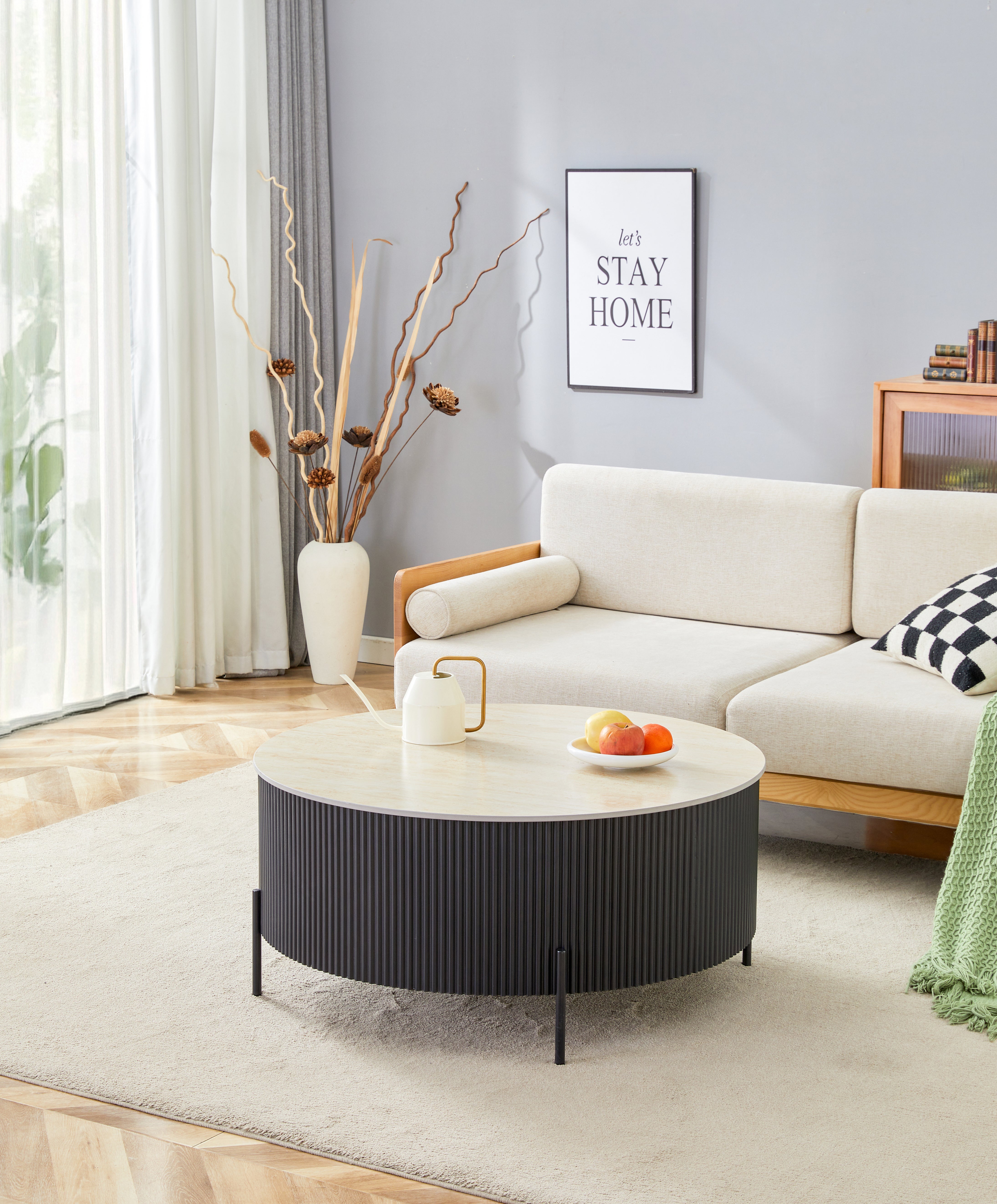 Table Basse RUBY Ronde Plateau Céramique Effet Travertin Noir Pied Métal Noir D80xH45 cm