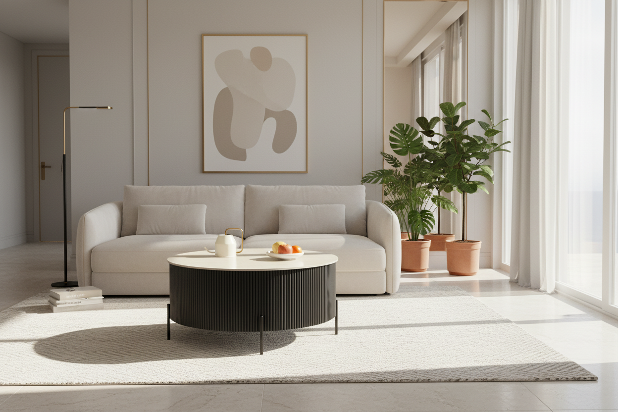 Table Basse RUBY Ronde Plateau Céramique Effet Travertin Noir Pied Métal Noir D80xH45 cm