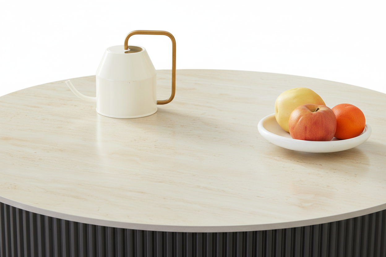 Table Basse RUBY Ronde Plateau Céramique Effet Travertin Noir Pied Métal Noir D100xH45 cm