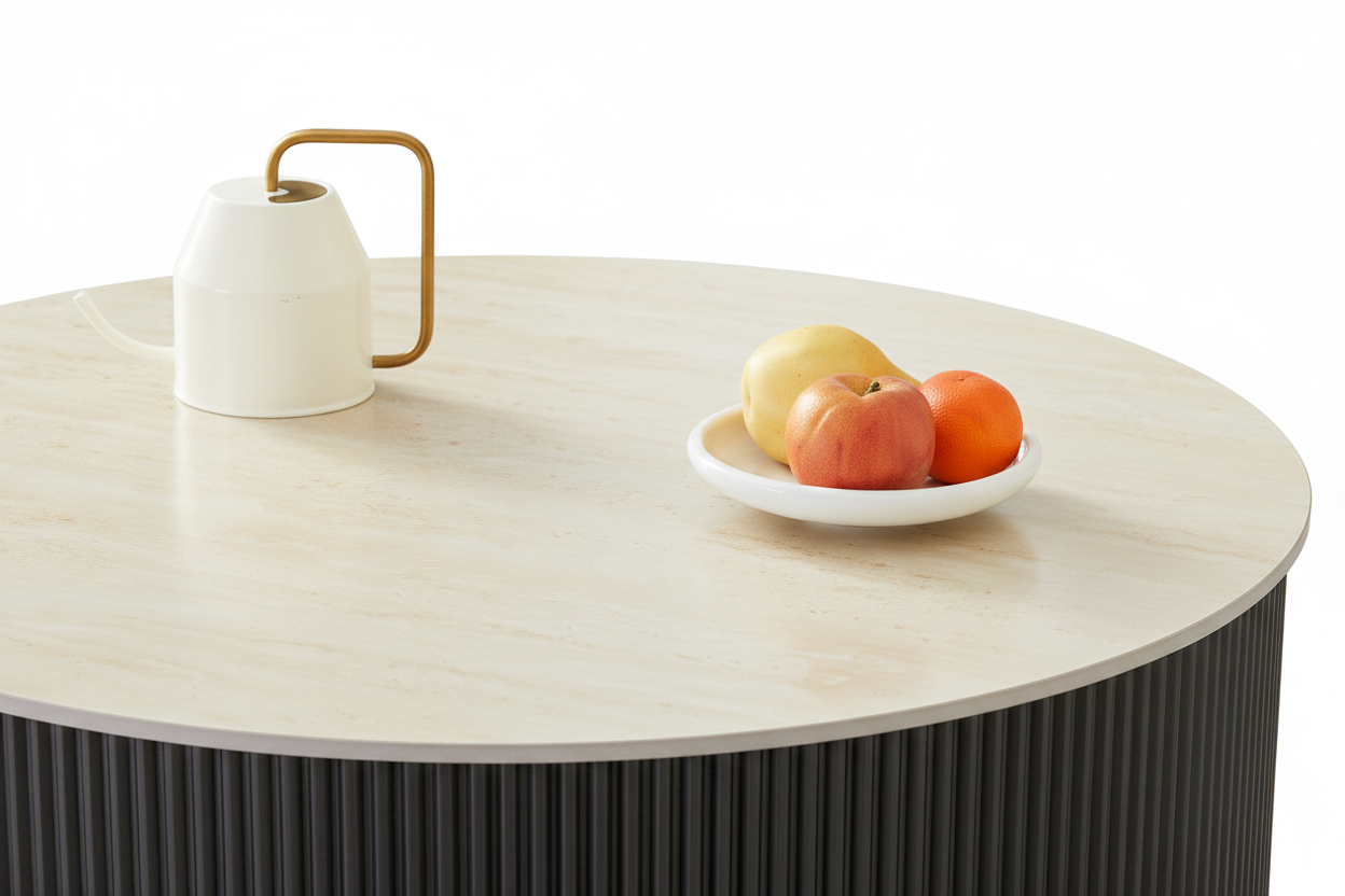 Table Basse RUBY Ronde Plateau Céramique Effet Travertin Noir Pied Métal Noir D80xH45 cm