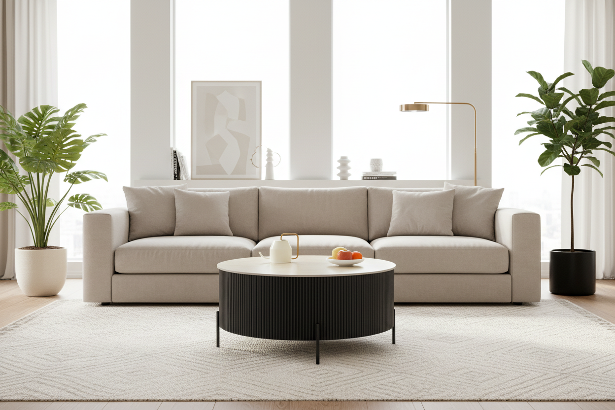 Table Basse RUBY Ronde Plateau Céramique Effet Travertin Noir Pied Métal Noir D90xH45 cm