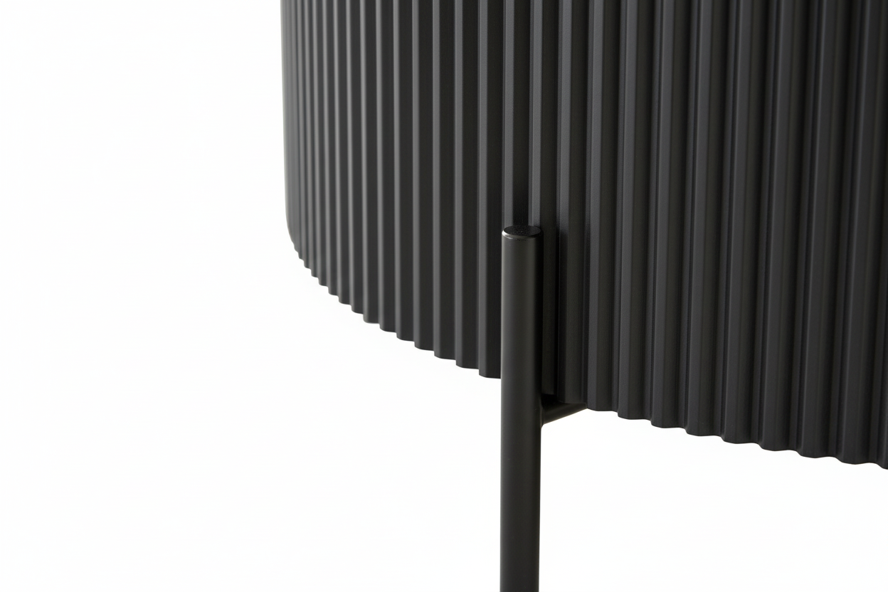 Table Basse RUBY Ronde Plateau Céramique Effet Travertin Noir Pied Métal Noir D90xH45 cm