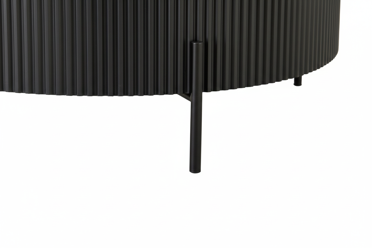 Table Basse RUBY Ronde Plateau Céramique Effet Travertin Noir Pied Métal Noir D80xH45 cm