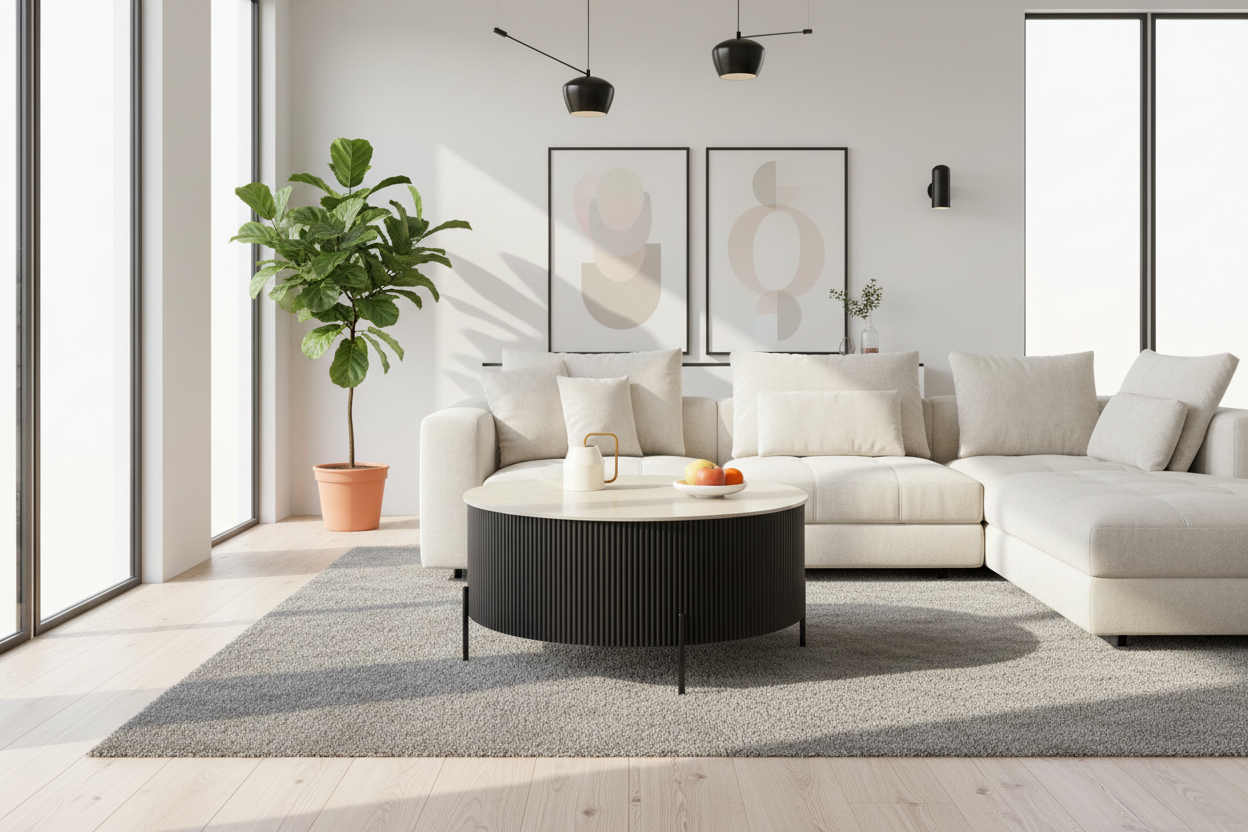 Table Basse RUBY Ronde Plateau Céramique Effet Travertin Noir Pied Métal Noir D100xH45 cm