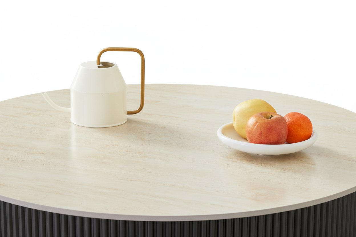 Table Basse RUBY Ronde Plateau Céramique Effet Travertin Noir Pied Métal Noir D90xH45 cm