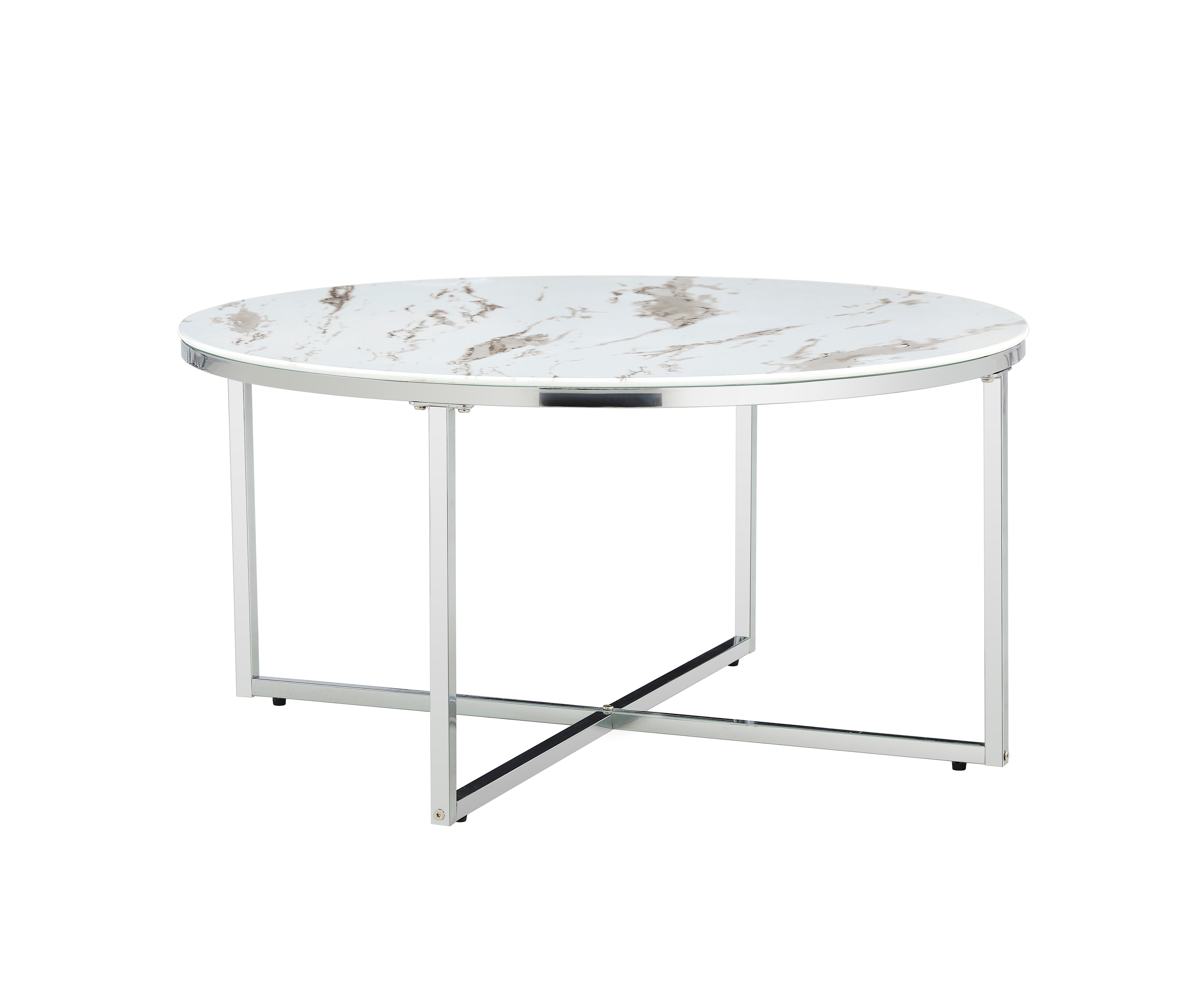 Table Basse LORIE Ronde Plateau Verre Trempé Marbré Blanc Structure Métal Chrome D90x45cm