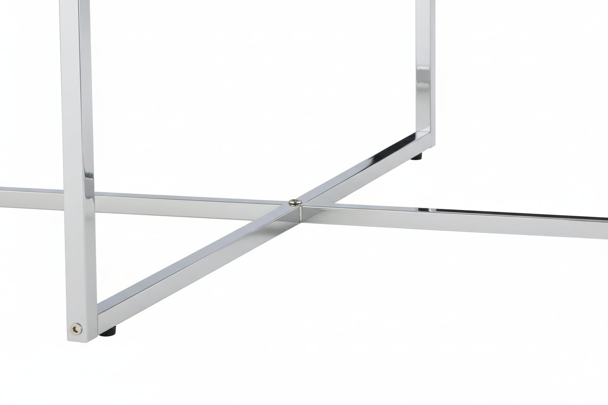 Table Basse LORIE Ronde Plateau Verre Trempé Marbré Blanc Structure Métal Chrome D90x45cm