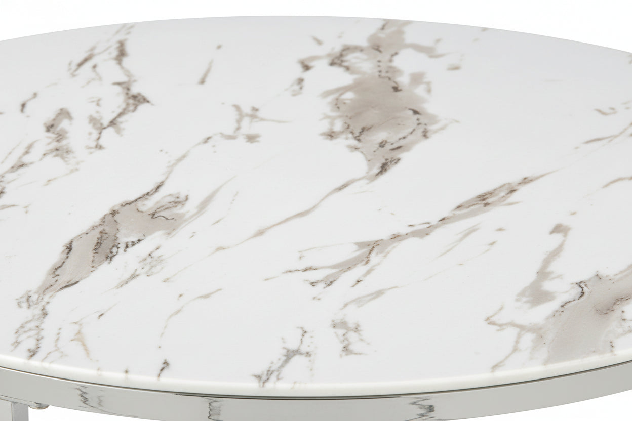 Table Basse LORIE Ronde Plateau Verre Trempé Marbré Blanc Structure Métal Chrome D90x45cm