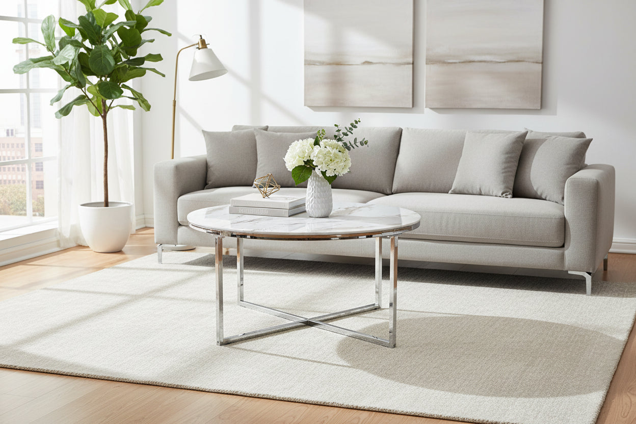 Table Basse LORIE Ronde Plateau Verre Trempé Marbré Blanc Structure Métal Chrome D90x45cm