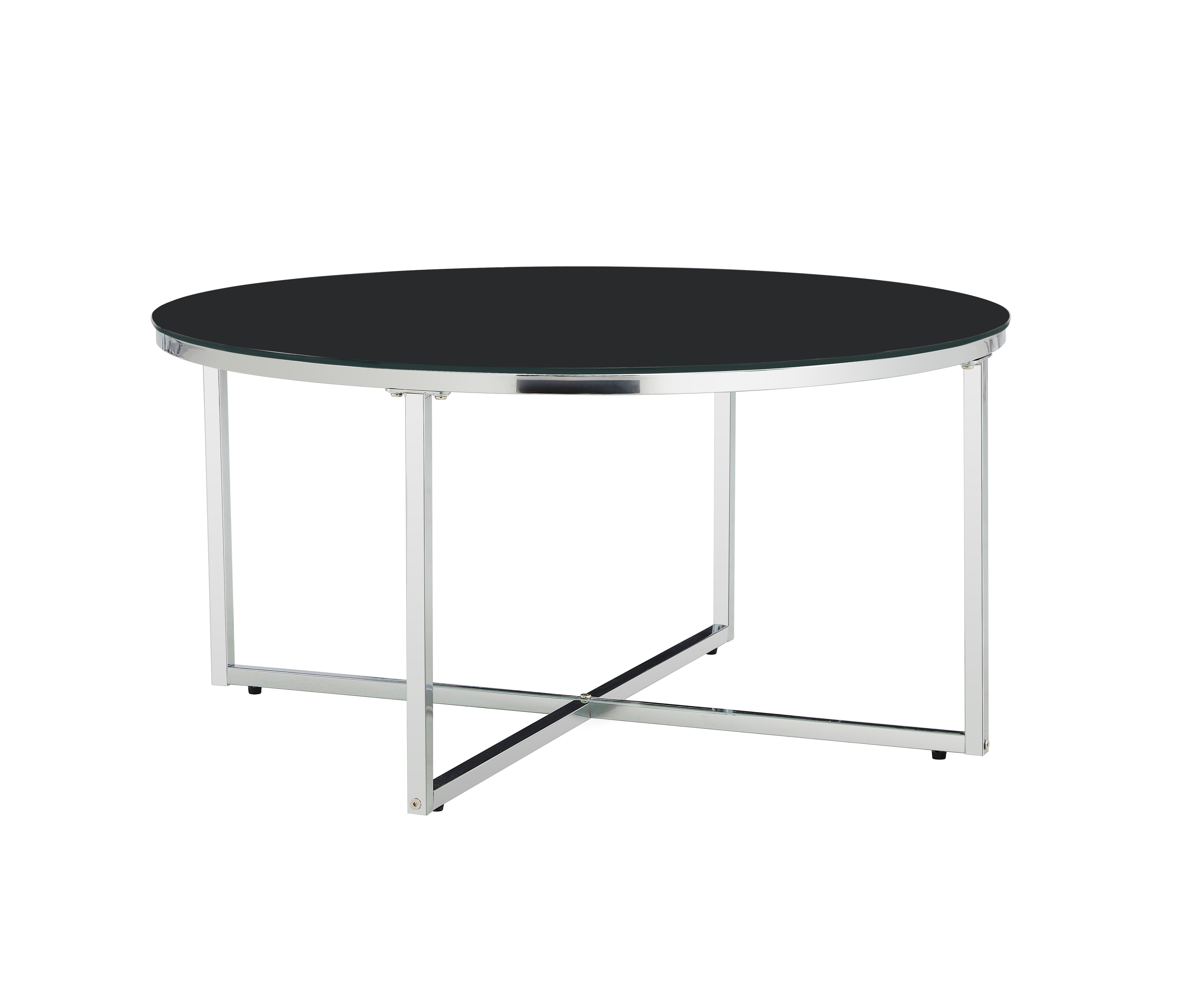 Table Basse LORIE Ronde Plateau Verre Trempé Marbré Noir Structure Métal Chrome D90x45cm
