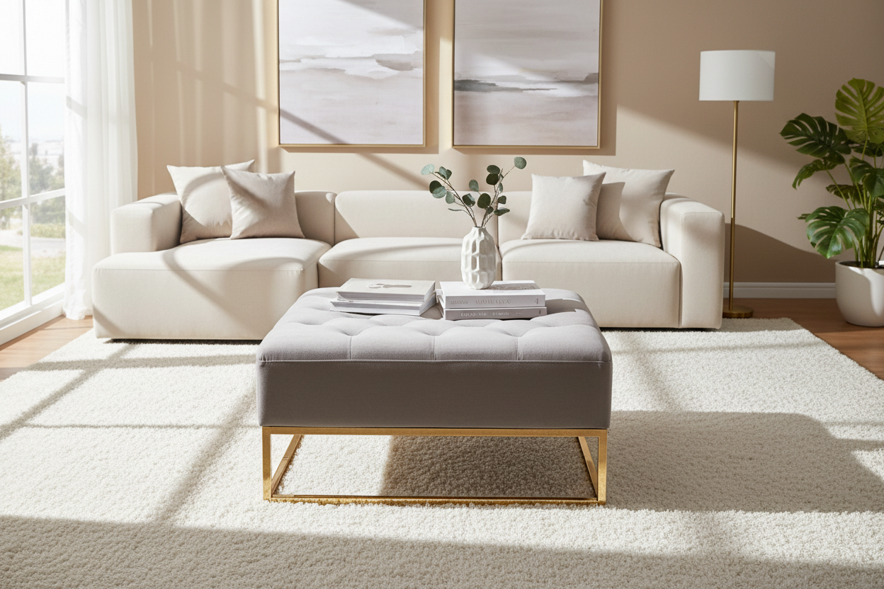 Pouf Coffre TIROIRS Carré Plateau Velours Capitonné Moka 80x80x43cm 2 Tiroirs