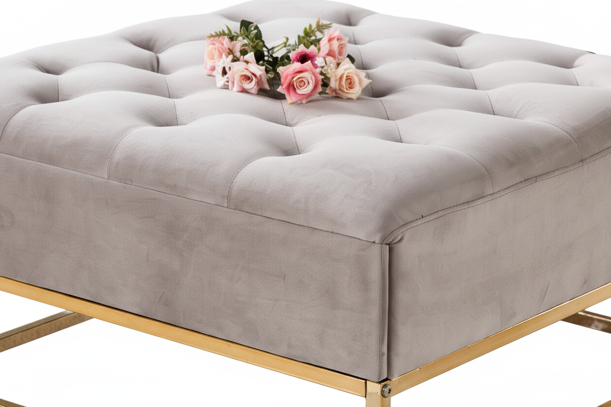 Pouf Coffre TIROIRS Carré Plateau Velours Capitonné Moka 80x80x43cm 2 Tiroirs