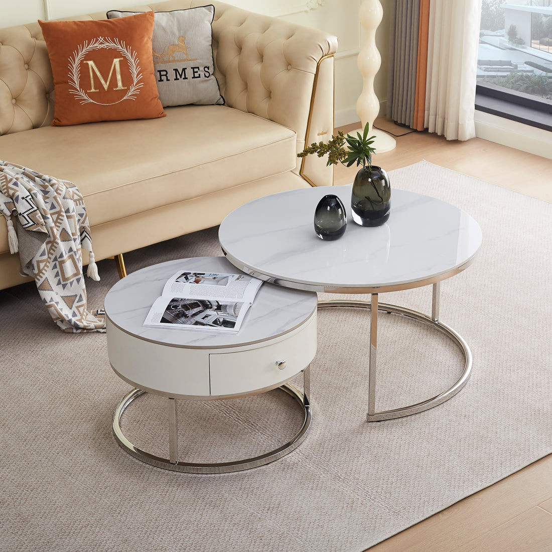 Table basse gigogne avec tiroir NOVELA Plateau céramique Marbre blanc - Chrome