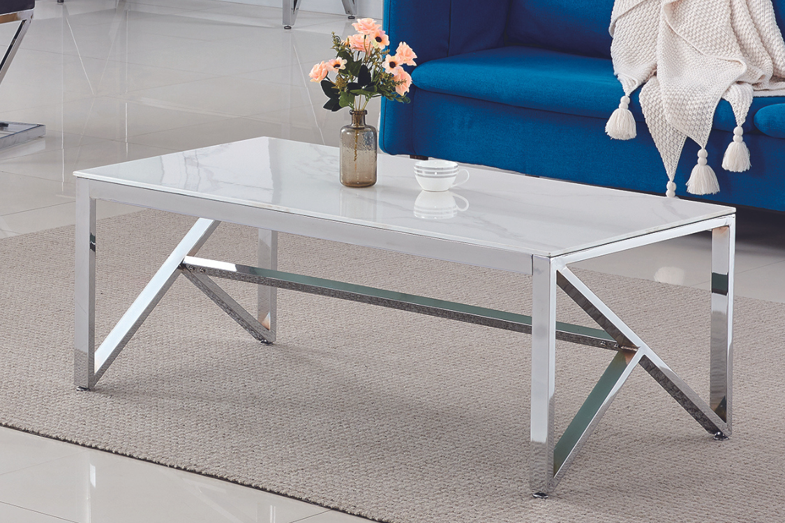Table Basse Rectangle Verre Trempé Marbré Blanc 120x60x45cm MAJESTIQUE