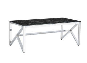 Table Basse MAJESTIQUE Rectangle Plateau Verre Trempé Marbré Noir Pieds Chrome 120x60x45cm