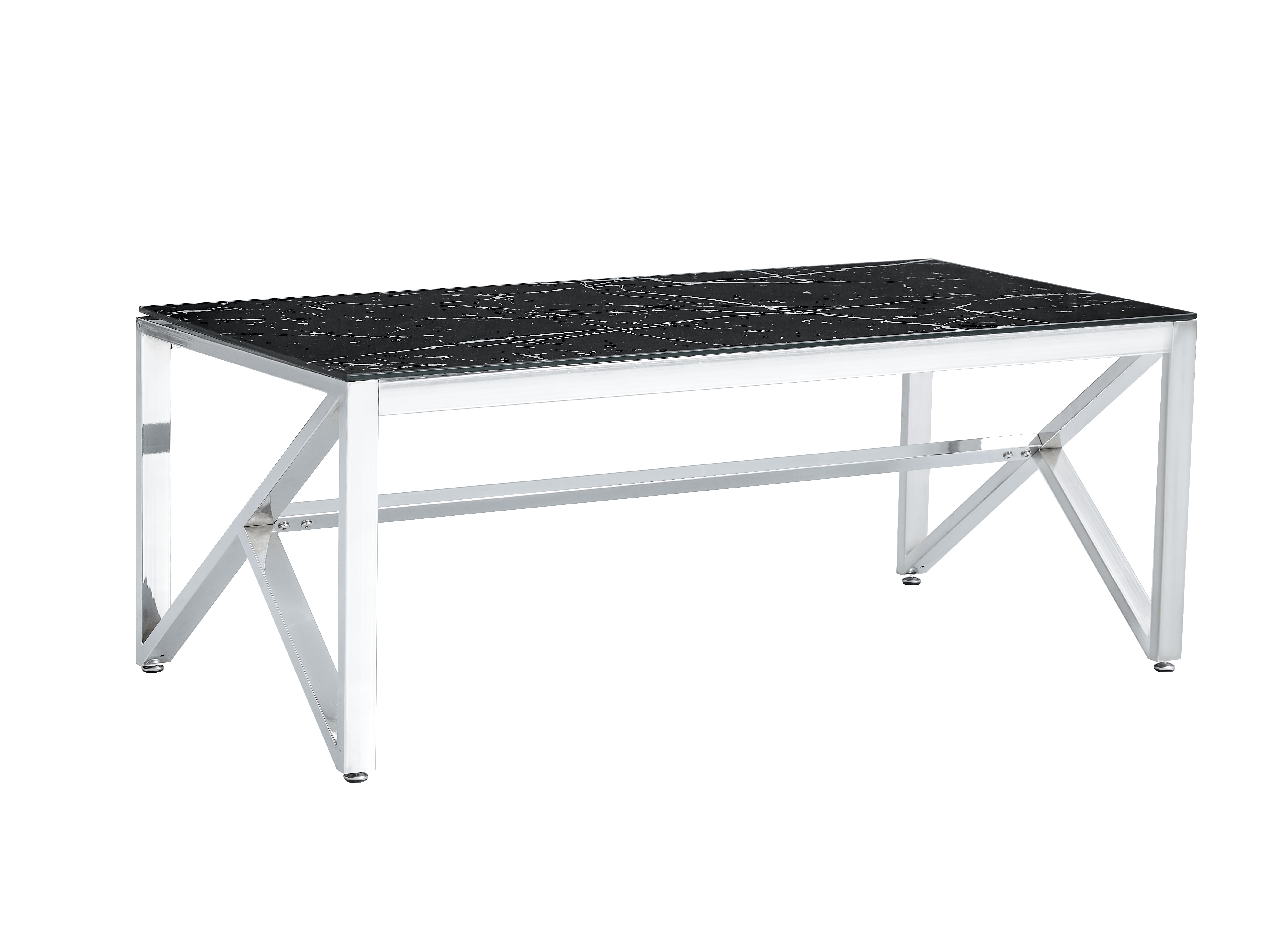 Table Basse MAJESTIQUE Rectangle Plateau Verre Trempé Marbré Noir Pieds Chrome 120x60x45cm