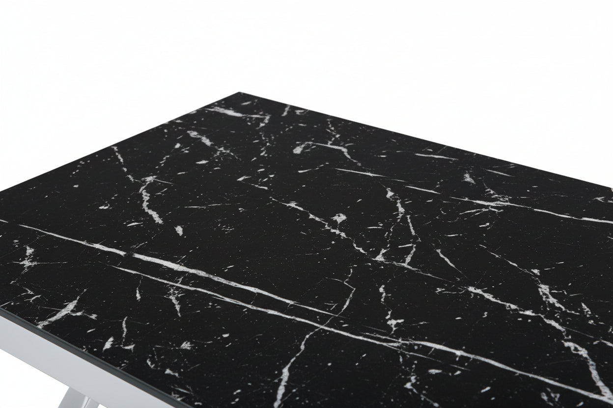 Table Basse MAJESTIQUE Rectangle Plateau Verre Trempé Marbré Noir Pieds Chrome 120x60x45cm