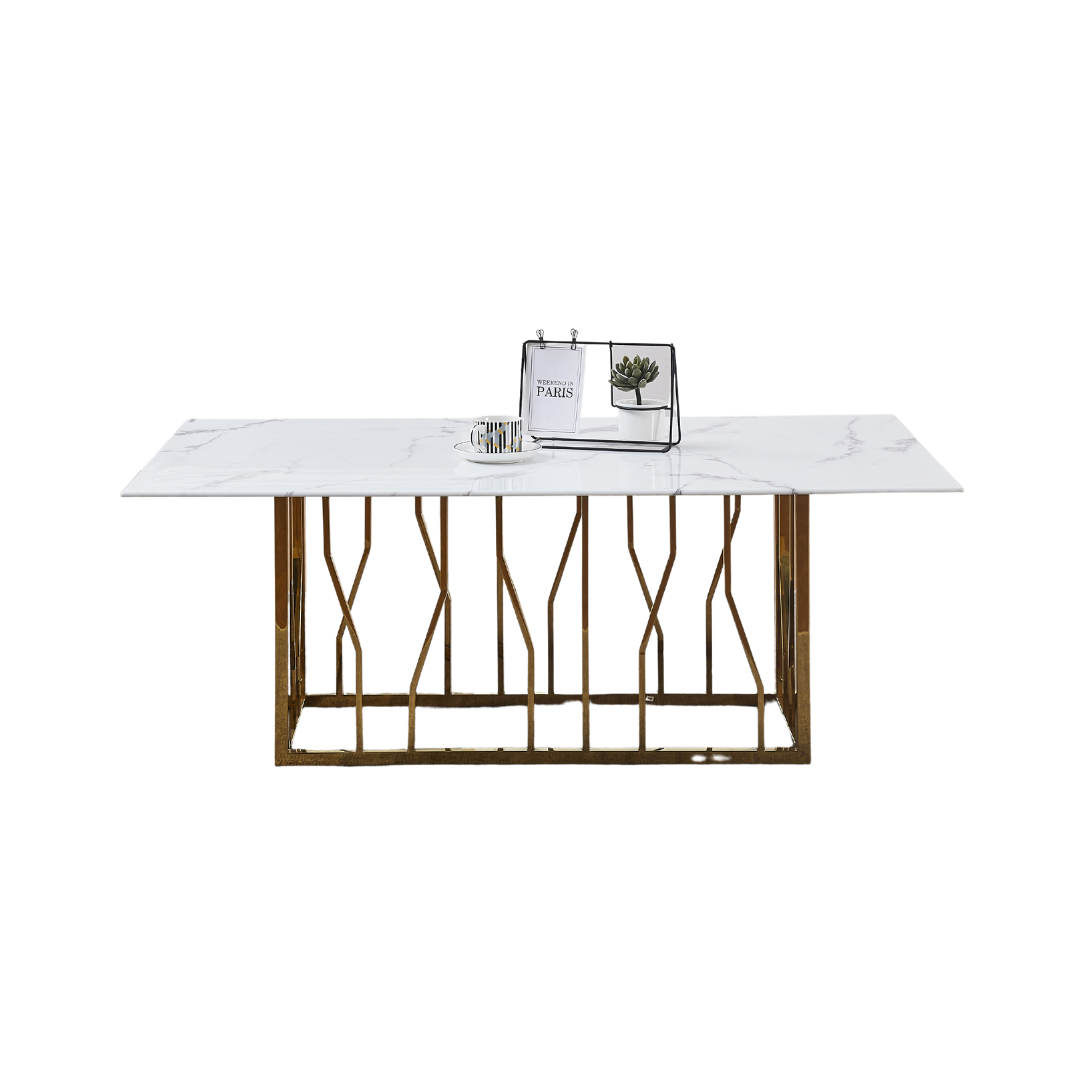 Table Basse PORTOFINO Plateau Verre Trempé Effet Marbré Blanc Pieds Gold 120x70x45cm