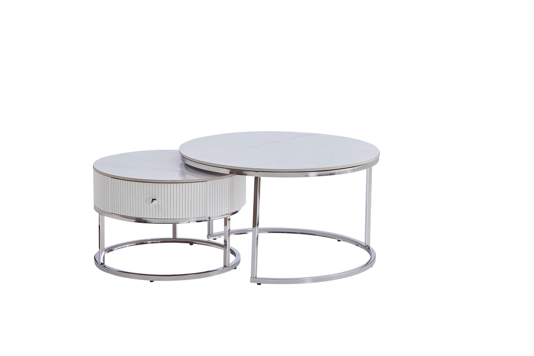 Tables basses SAMIRA Gigogne Chrome Marbre Blanc avec Tiroir