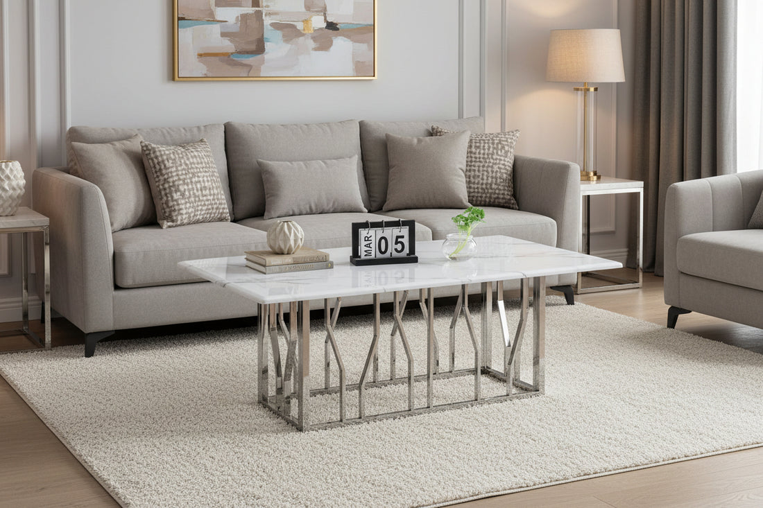 Table basse PORTOFINO chrome marbre blanc 120x70x45 cm #couleur_chrome_marbre_blanc