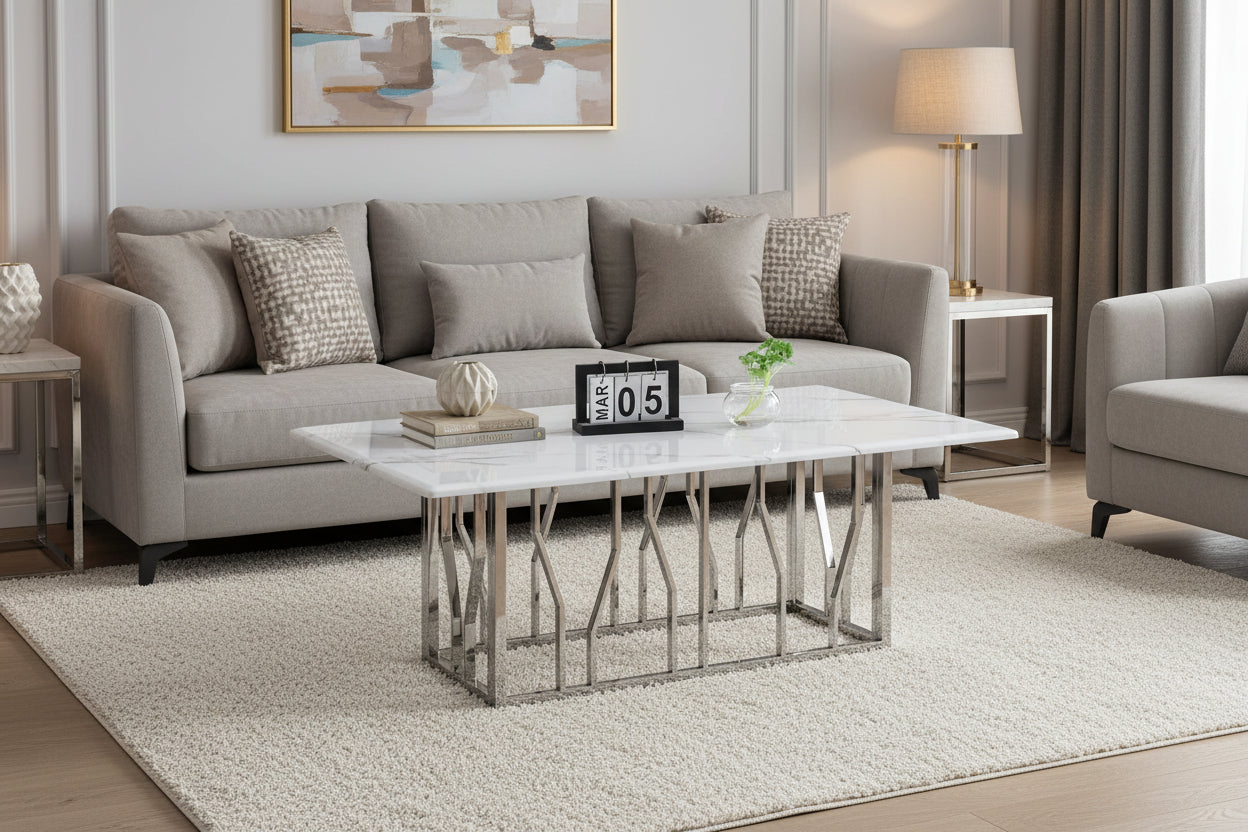 Table basse PORTOFINO chrome marbre blanc 120x70x45 cm #couleur_chrome_marbre_blanc