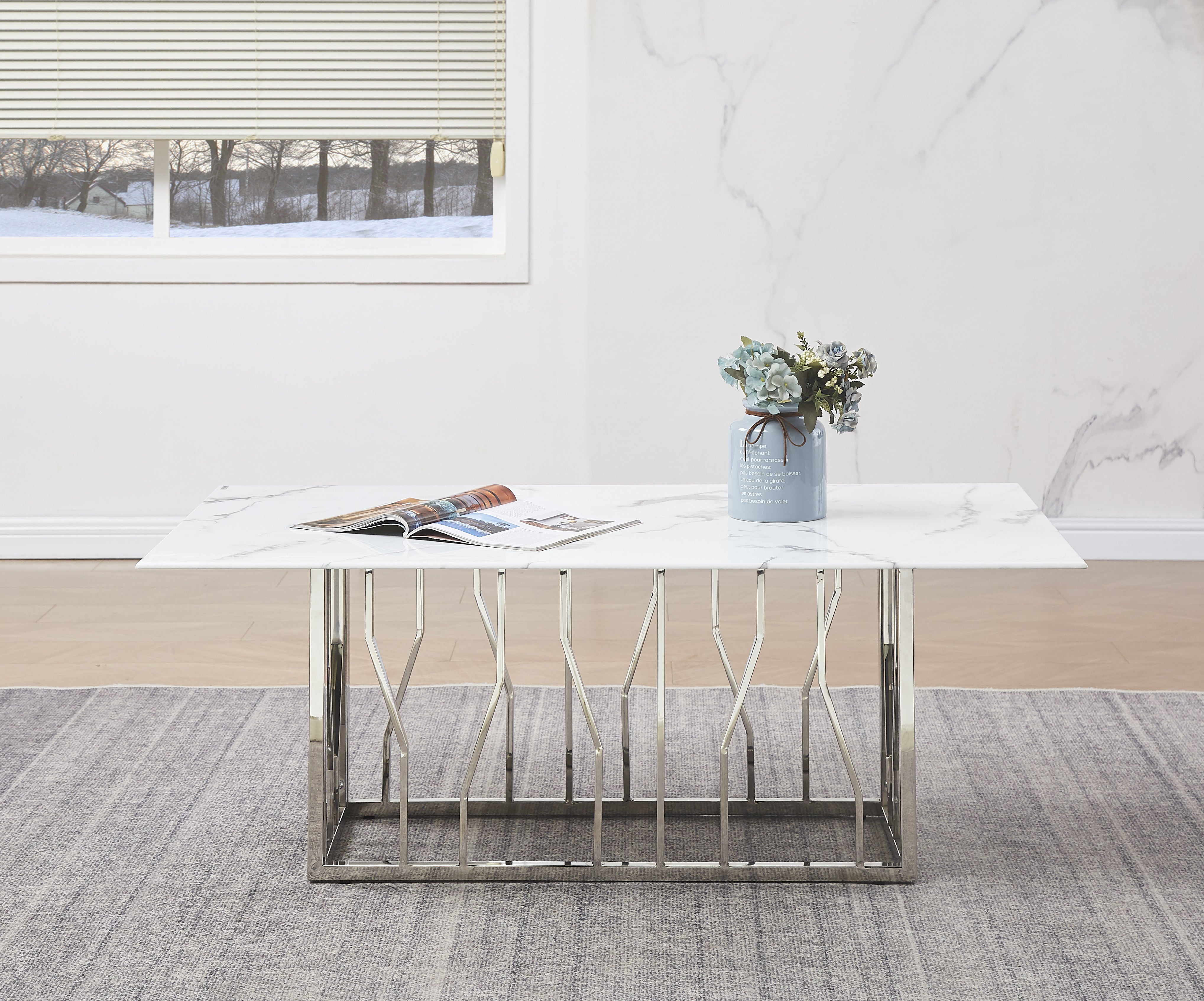 Table Basse PORTOFINO Plateau Verre Trempé Effet Marbré Blanc Pieds Chrome 120x70x45cm