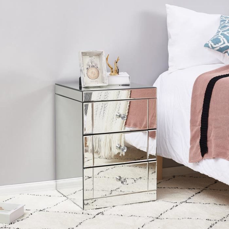 Chevet en verre miroir ADEL avec 3 tiroirs