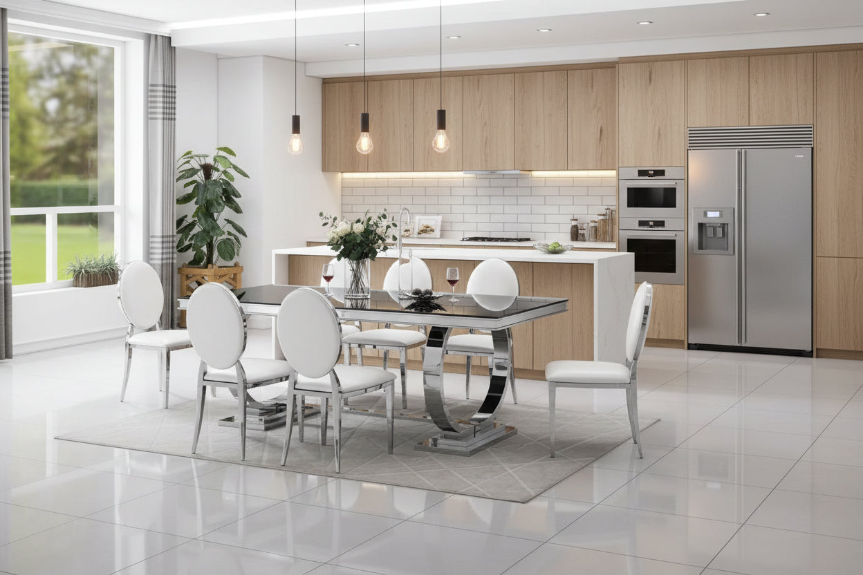 Table à manger 6 à 8 personnes OMEGA Chrome verre 180x90 cm #couleur_noir