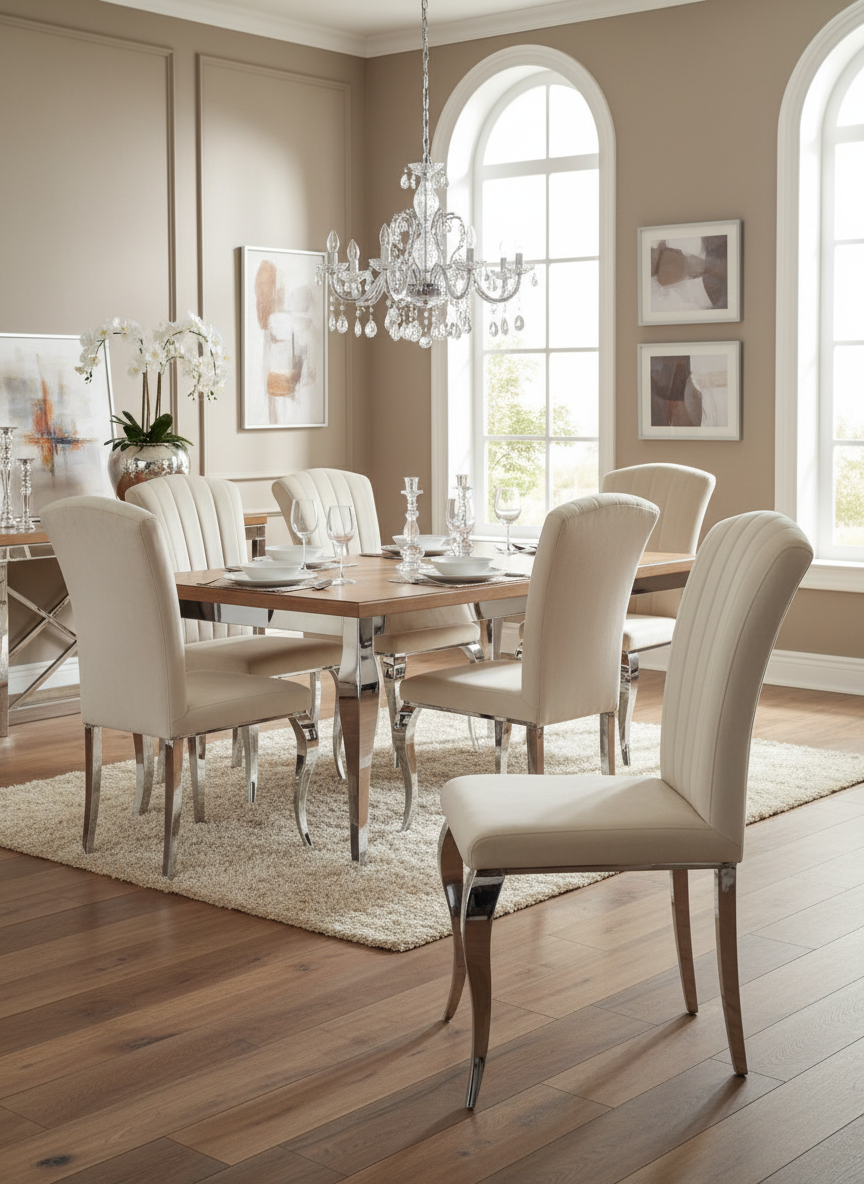 Lot de 6 Chaises baroque LOUIS Chrome Velours Ecru