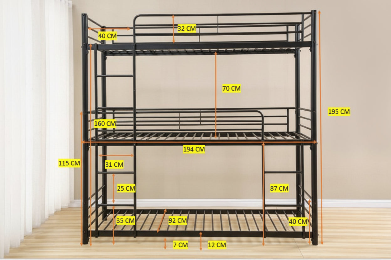 Pack Lit superposé en métal noir 3 couchages 90x190 avec matelas TRIPLE