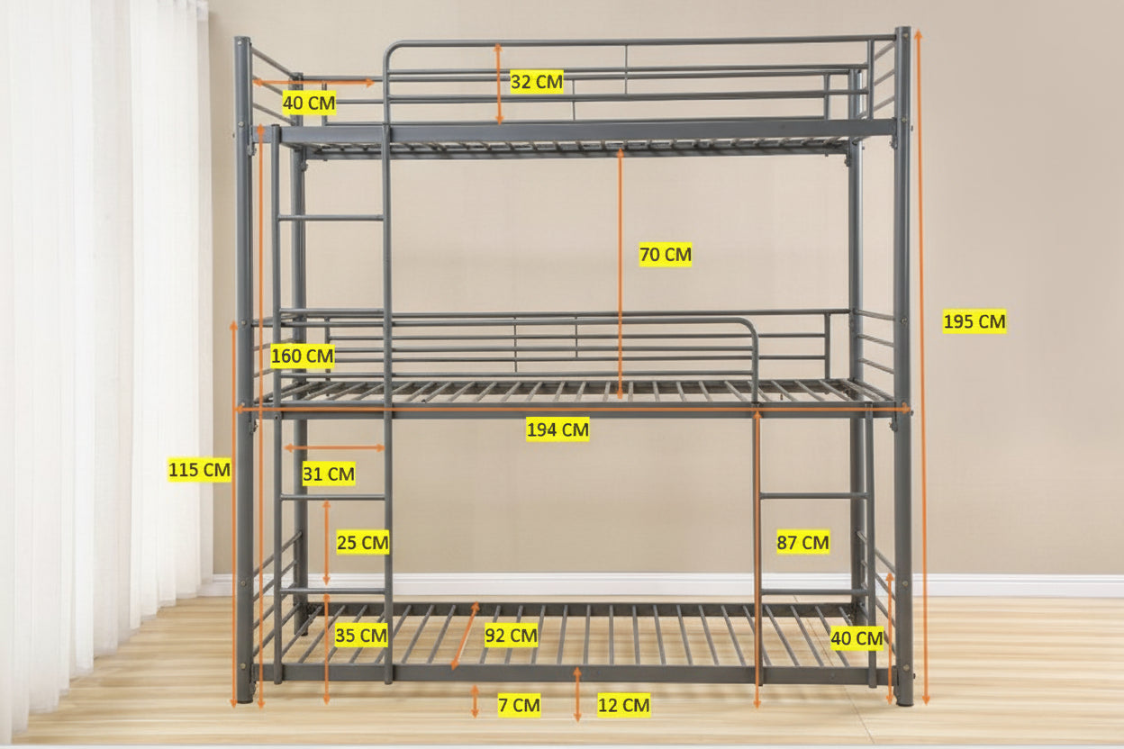 Pack Lit superposé en métal gris 3 couchages 90x190 avec matelas TRIPLE