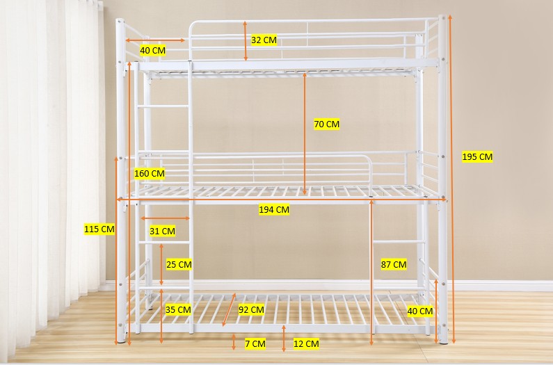 Pack Lit superposé en métal blanc 3 couchages 90x190 avec matelas TRIPLE