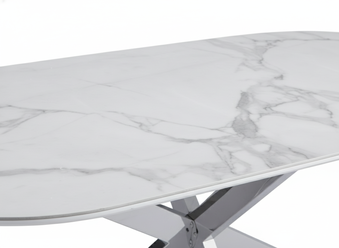 Table à Manger MANON – Chrome & Céramique Marbre Blanc – 200x90 cm