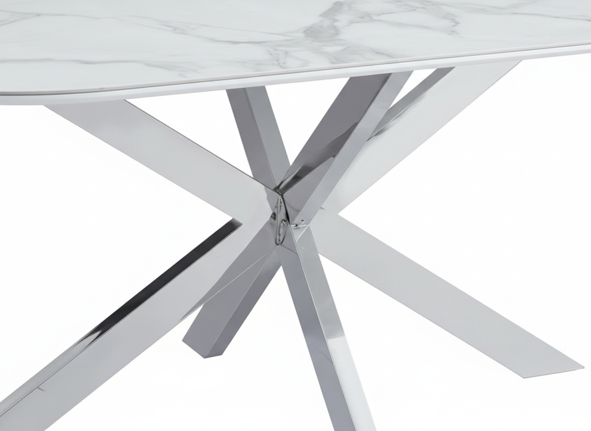 Table à Manger MANON – Chrome & Céramique Marbre Blanc – 200x90 cm