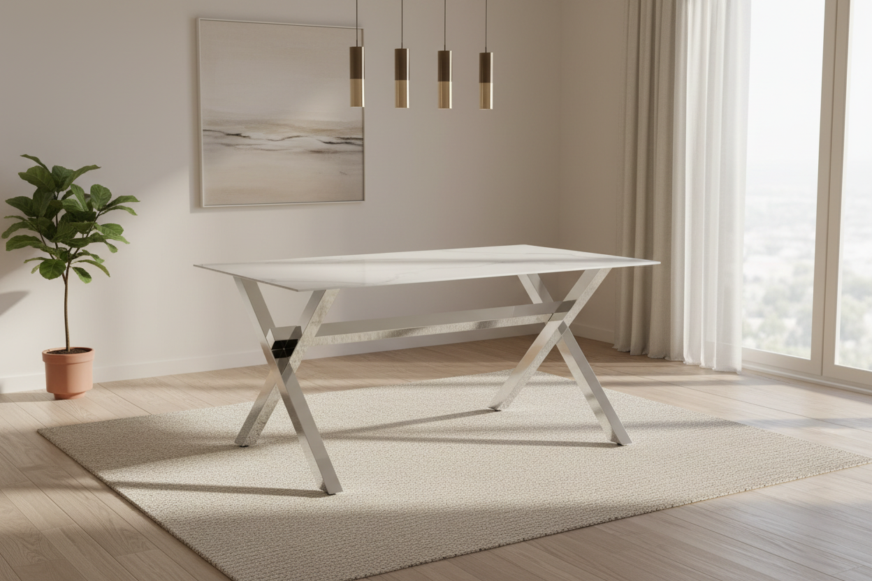 Table à Manger IXE – 150x90 cm – Chrome & Plateau Verre Trempé