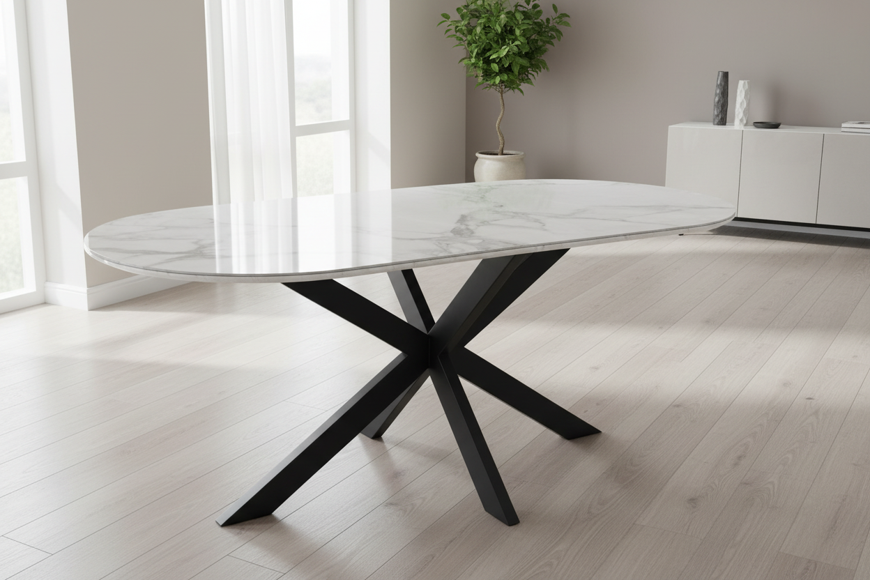 Table à Manger MANON – 200x90 cm – Céramique Marbre Blanc & Pied Métal Noir