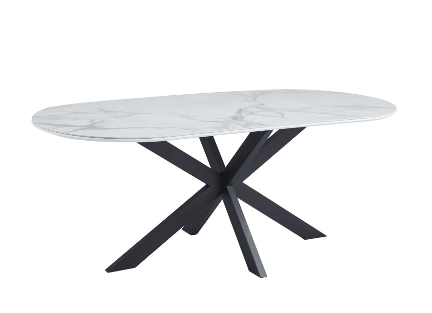 Table à Manger MANON – 200x90 cm – Céramique Marbre Blanc & Pied Métal Noir