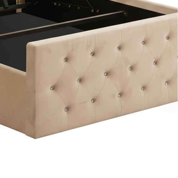 Lit coffre capitonné velours beige 140x190 cm sommier inclus VICTORIA