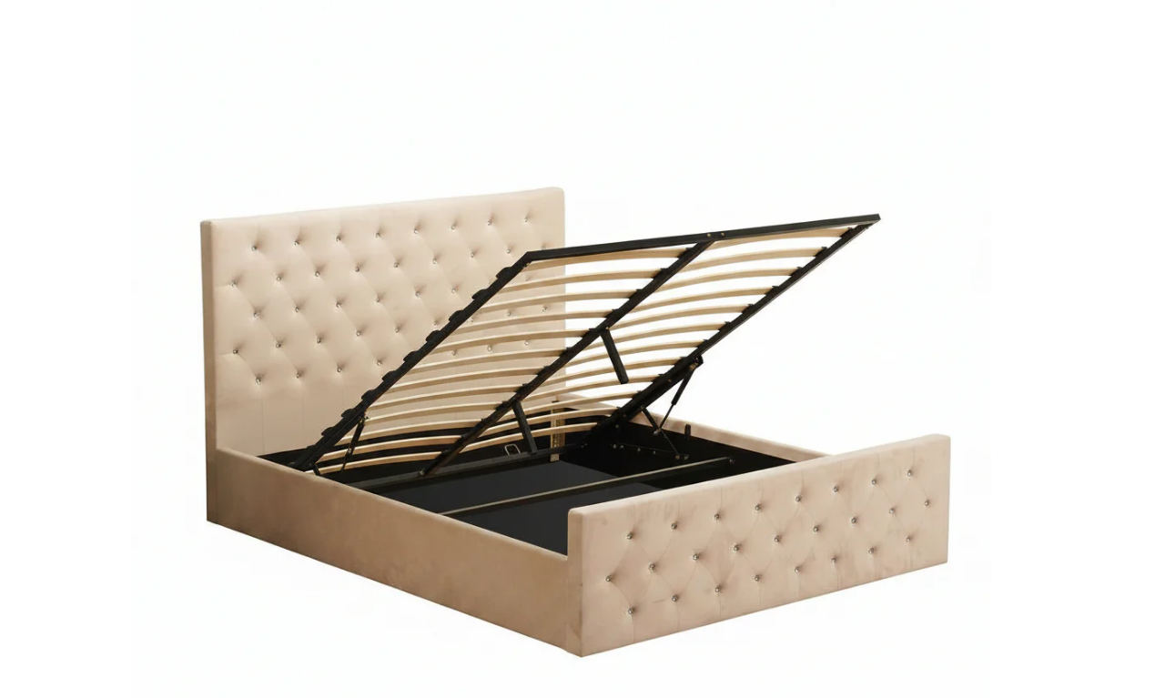 Lit coffre capitonné velours beige 140x190 cm sommier inclus VICTORIA