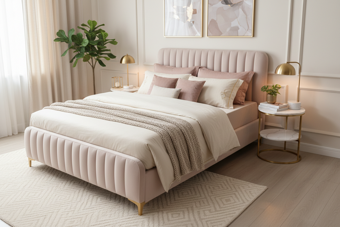 Lit 2 places velours rose 140x190 cm sommier inclus FAYE