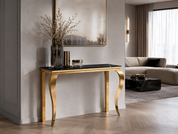 Console métal doré plateau verre trempé marbre noir 120 cm BAROQUE