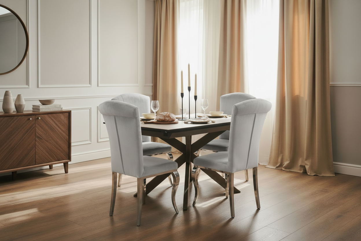 Lot de 6 Chaises Salle à Manger Baroque – Velours Gris & Pieds Chromés