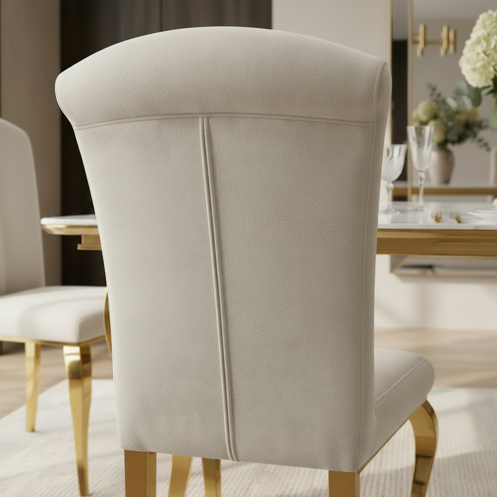Ensemble Table à manger 180cm Plateau Marbré + 6 Chaises Velours Beige Pieds Gold #couleur_beige