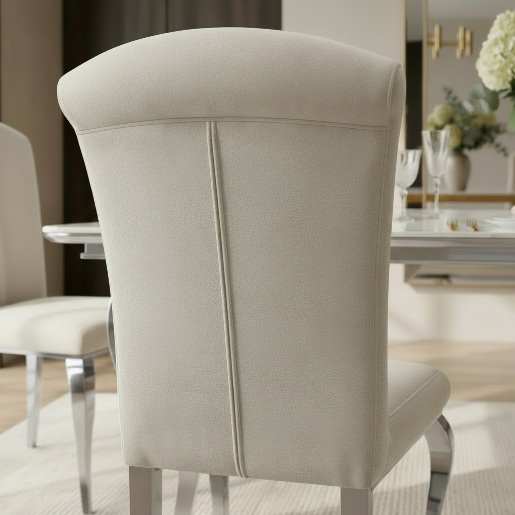 Lot de 6 chaises salle à manger velours beige pieds chrome 101 cm LOUIS