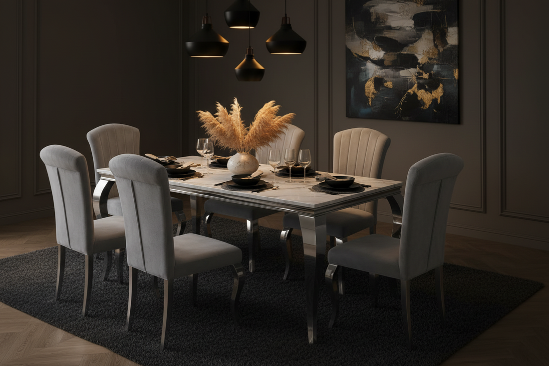 Ensemble Table à manger 150cm Marbré + 6 Chaises Velours Gris Pieds Chromés #couleur_gris