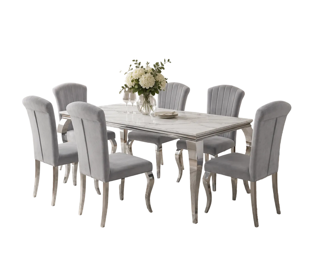Ensemble Table à manger 150cm Marbré + 6 Chaises Velours Gris Pieds Chromés #couleur_gris
